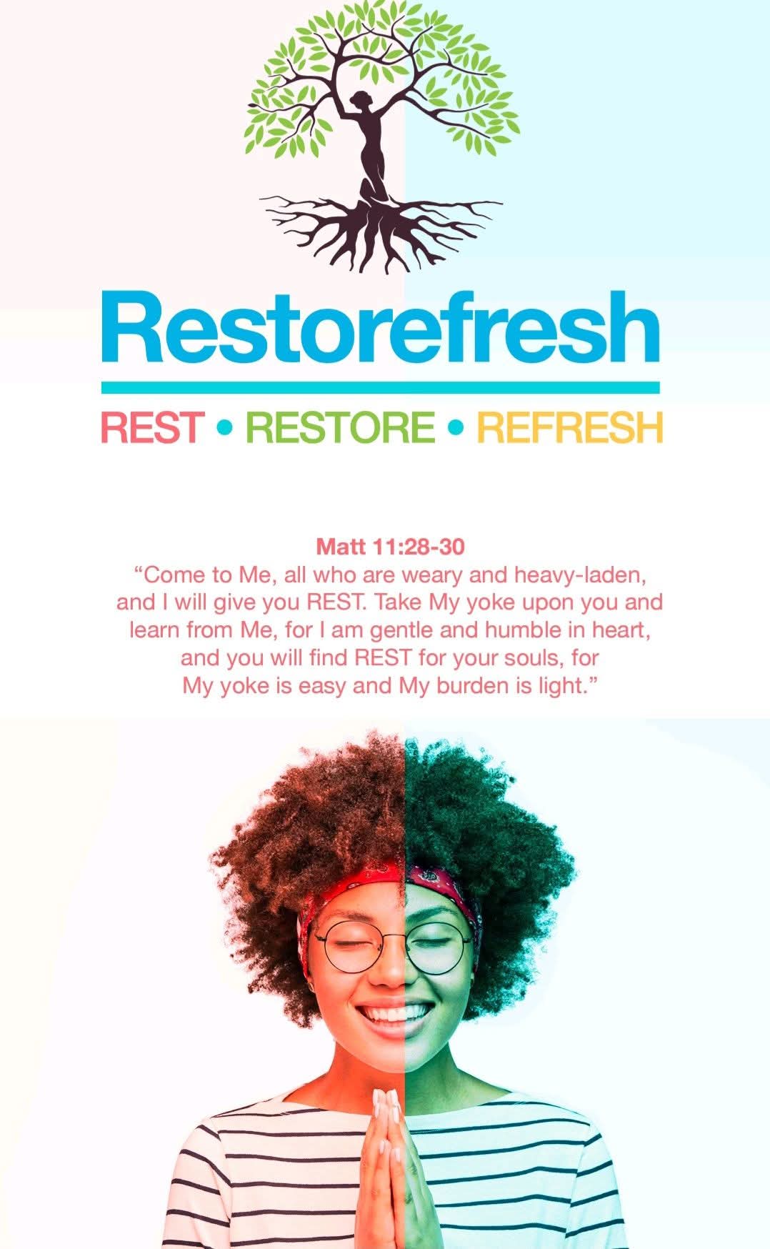 Restorefresh brand visual with Matthew 11:28–30